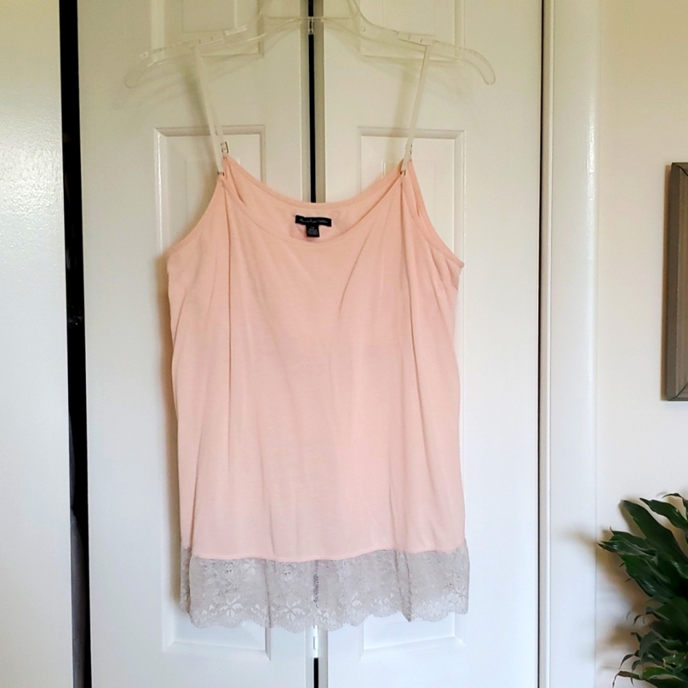 American Eagle Outfitters Pale Pink Cami, L, Delicate Lace Fringe Detail